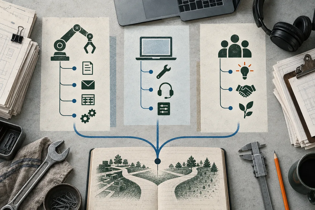 Three illustrated task panels show a robotic arm, computer tools, and a group of people with a lightbulb and handshake. Blue lines connect them to branching paths in an open book, surrounded by papers, headphones, a wrench, and a ruler.