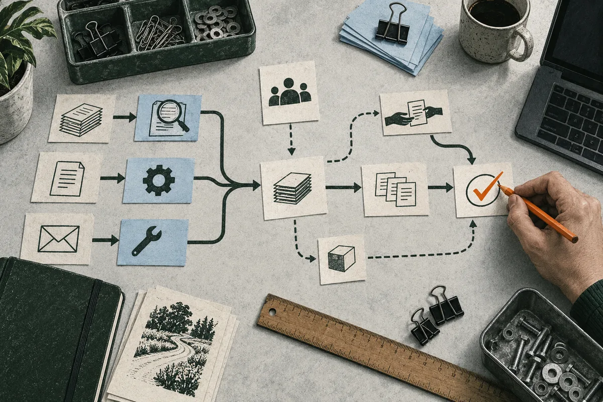 Paper cards with document, gear, and tool symbols connect through arrows to a checked card, while a hand marks the check with a pencil.