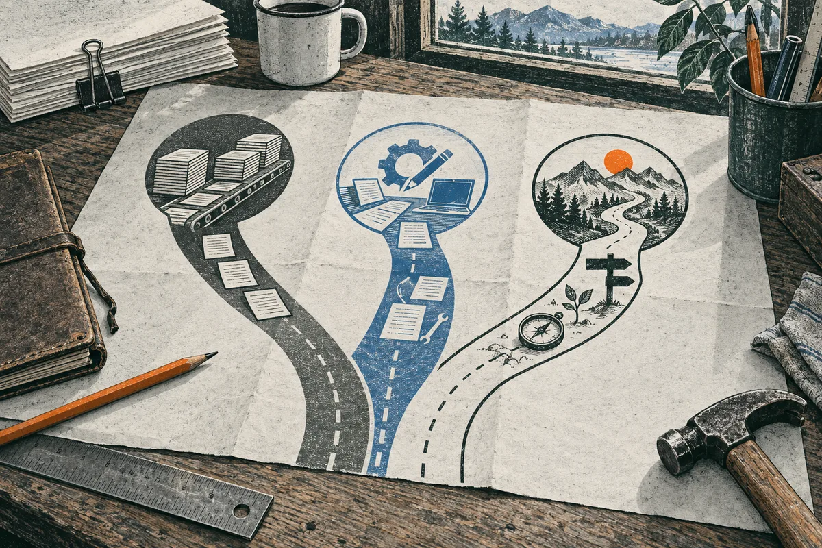 An illustrated sheet on a workbench shows three branching roads: one lined with stacked papers, one with a gear, pencil, and laptop, and one winding through mountains toward a signpost. Papers, a mug, pencils, a ruler, and a hammer surround the sheet.