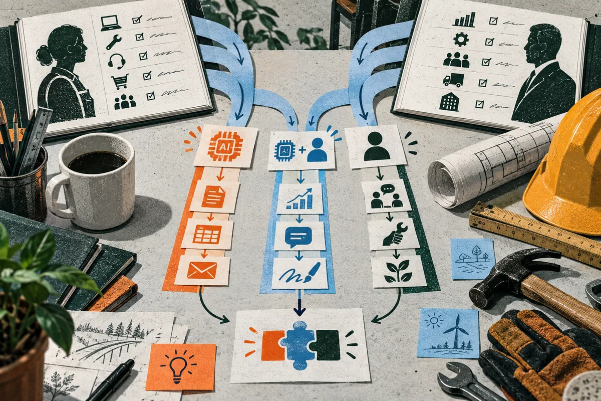 Illustrated workbench with two checklists, task cards flowing along orange, blue, and green paths, and tools including a mug, ruler, wrench, and hard hat.