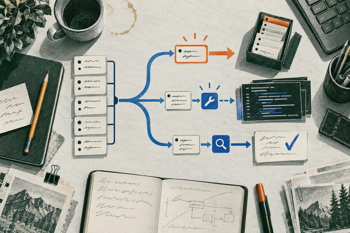 An illustrated workbench with handwritten notes, a branching blue workflow linking task cards to a wrench, code screens, and a checked document, with a notebook, pencil, coffee cup, keyboard, and papers around it.