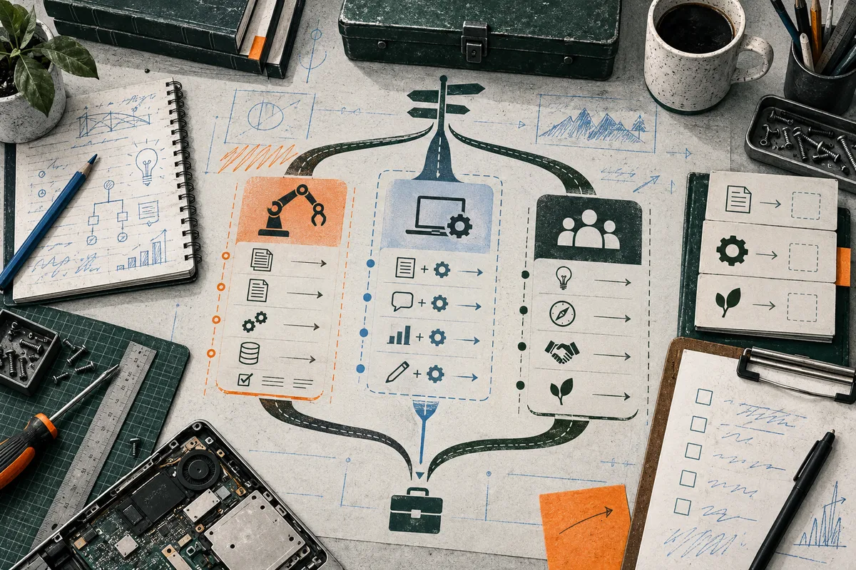 Overhead view of a worktable with a branching road diagram, three colored icon panels, notebooks, drafting tools, a coffee cup, and an opened computer component.