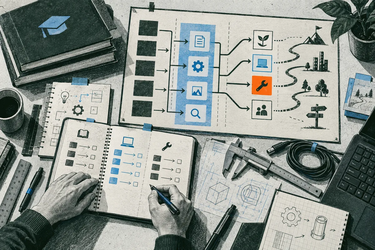 Overhead worktable scene with two hands writing in a notebook beneath a flowchart poster, surrounded by books, papers, measuring tools, a coiled cable, and a laptop.