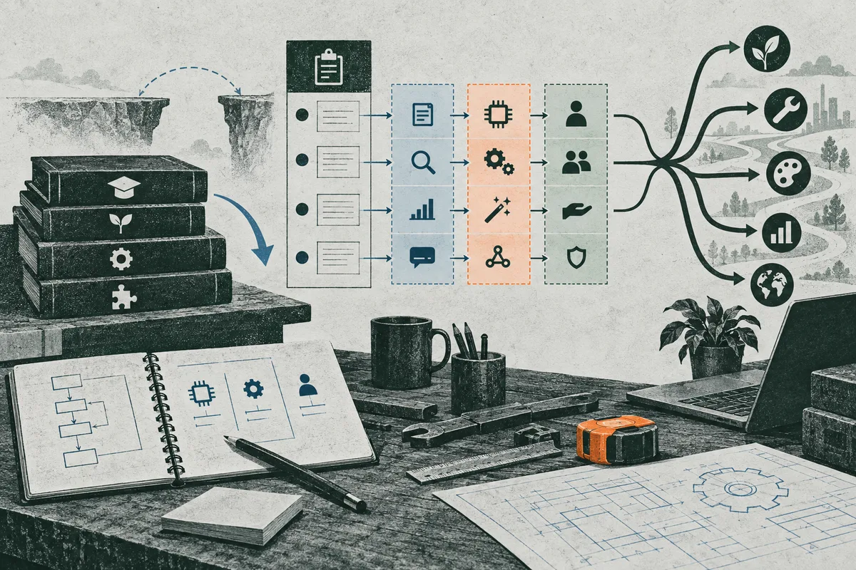 Illustrated worktable with stacked books, an open notebook, a central flowchart of document and symbol icons, branching arrows, tools, a laptop, and an orange object.