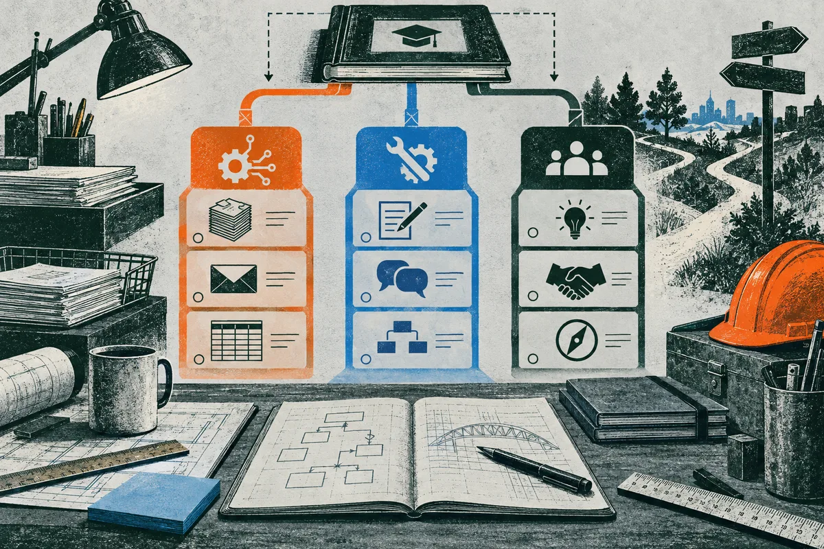 Illustrated desk with three orange, blue, and green icon columns, a book above them, winding paths through a tree-lined landscape, notebooks, tools, and an orange hard hat.