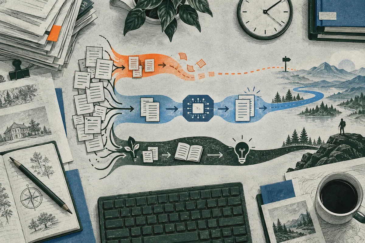 Overhead illustration of a desk with papers, a keyboard, and coffee. Three orange, blue, and dark green paths of documents and work objects cross a landscape toward a small figure on a rocky rise.