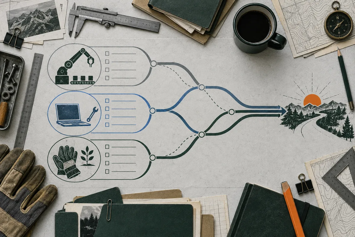 Three illustrated work paths—an industrial robot arm, a laptop with a wrench, and a hand beside a plant—join branching lines toward a forested mountain landscape with a rising sun. Papers, rulers, a compass, gloves, and notebooks surround the diagram.